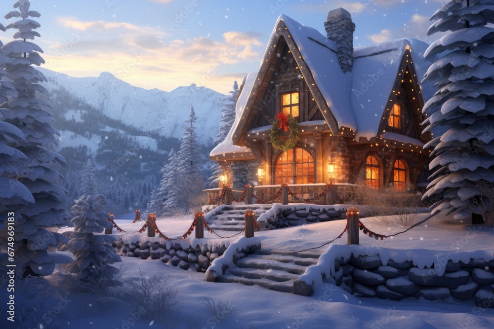 Snow-covered lodge nestled among frosty trees with warm glowing windows in serene mountain landscape. Winter retreat and coziness.