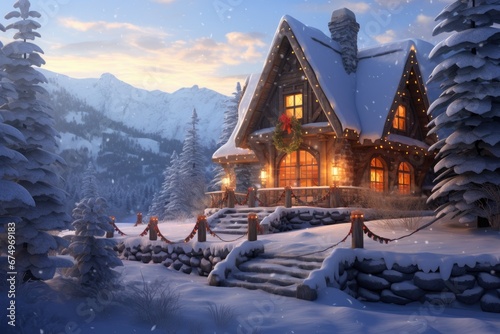 Snow-covered lodge nestled among frosty trees with warm glowing windows in serene mountain landscape. Winter retreat and coziness. © Postproduction