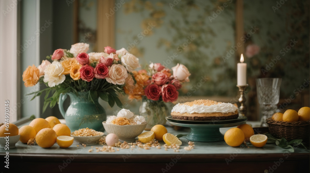 table with flowers, cake and fruits