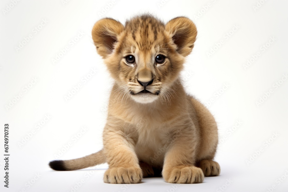 Little lion cub in full length isolated on white background. Beautiful noble animal. For design of postcard, banner, poster, scrapbooking. Veterinary clinic, animal shelter, animal protection center.