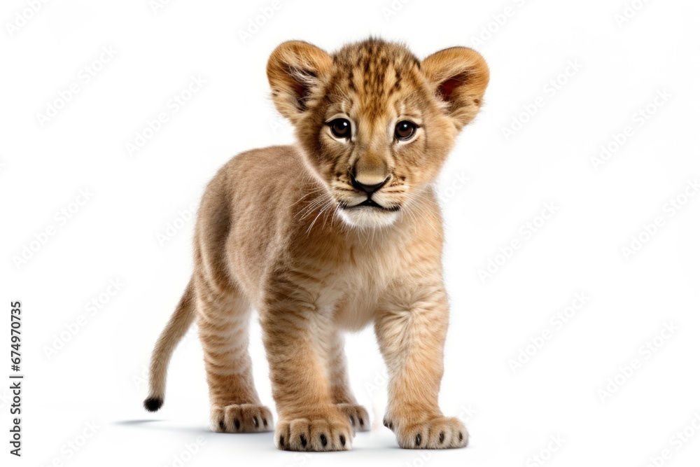 Little lion cub in full length isolated on white background. Beautiful noble animal. For design of postcard, poster, banner, scrapbooking. Veterinary clinic, animal shelter, animal protection center.