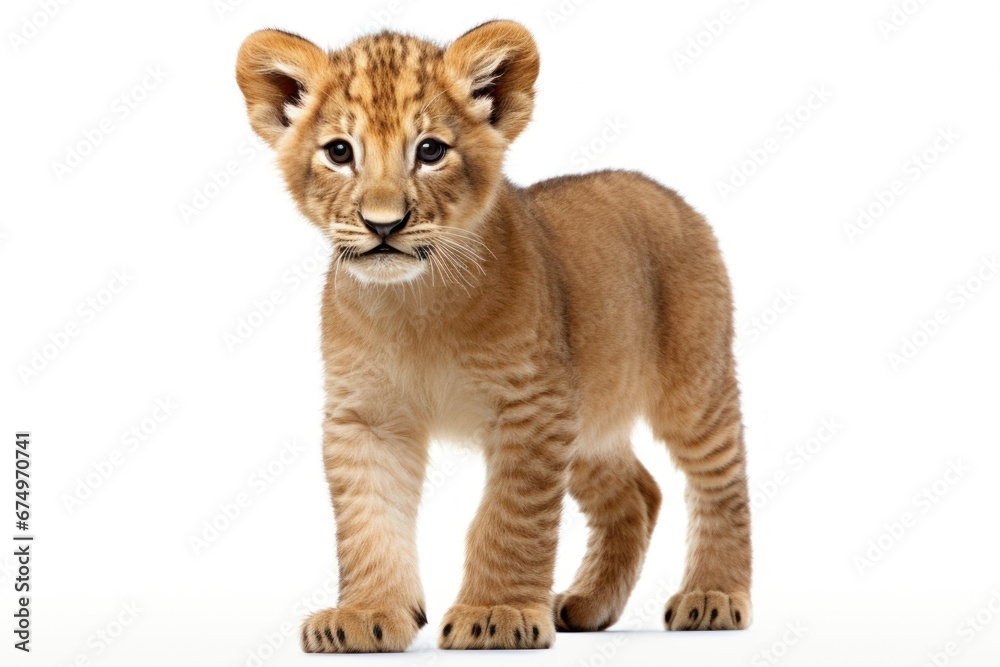 Little lion cub in full length isolated on white background. Beautiful noble animal. For design of postcard, banner, poster, scrapbooking. Veterinary clinic, animal protection center, animal shelter. Little lion cub in full length isolated on white background. Beautiful noble animal. For design of postcard, banner, poster, scrapbooking. Veterinary clinic, animal protection center, animal shelter.