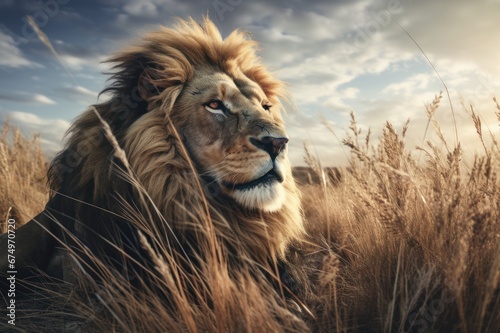 Lion. Animal King. Free wild lion in natural habitat. Proud look. Strength and power of wild beast. Noble proud animal. Symbol of strength and freedom. Beautiful background for design. copy space