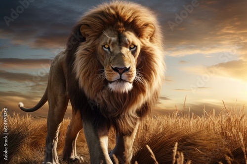 Lion. Animal King. Free wild lion in natural habitat. Proud look. The strength and power of a wild beast. Noble proud animal. Symbol of strength and freedom. Beautiful background for design