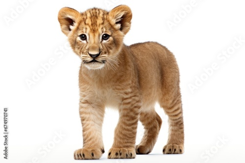Little lion cub in full length isolated on white background. Beautiful noble animal. For design of postcard, banner, poster, scrapbooking. Veterinary clinic, animal protection center, animal shelter. © Jafree