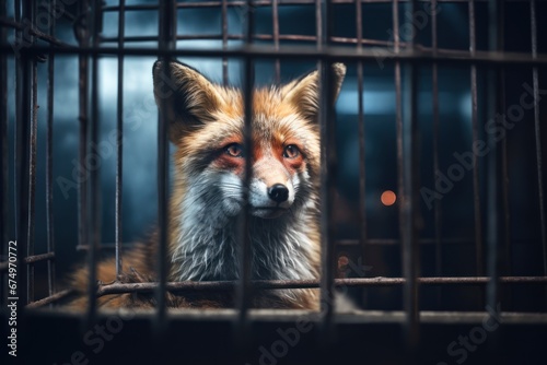 Fox locked in cage. Emaciated, skinny lonely fox in cramped jail behind bars with sad look. The concept of keeping animals in captivity where they suffer. Prisoner. Waiting for liberation photo