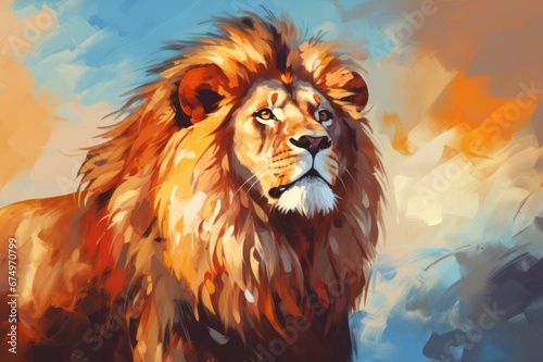 Portrait of a lion, oil painting. Free wild lion in natural habitat. In style of impressionism. With copy space. Beautiful background for design. Noble proud animal. Symbol of strength and freedom