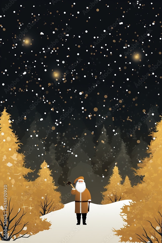 Santa Claus and Golden Christmas Tree Illustration with Falling Golden Snow - A Modern and Elegant Christmas Greeting Card