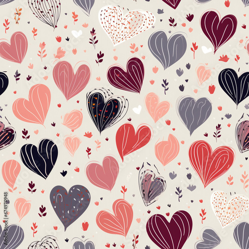 Elegant seamless pattern with hand drawn hearts, romantic wrapping paper. High quality photo