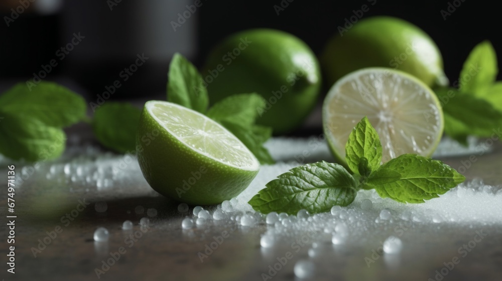 Closeup Ingredients lime sugar mint leaves pictures AI Generated Art Closeup Ingredients lime sugar mint leaves pictures AI Generated Art