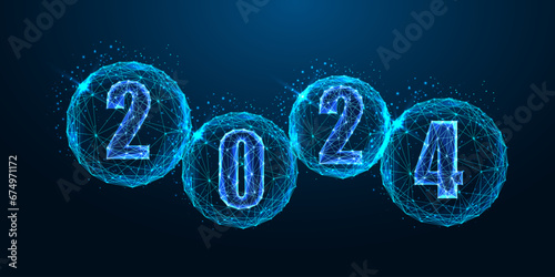 Abstract 2024 New Year digital web banner template. Futuristic greeting card on dark blue background
