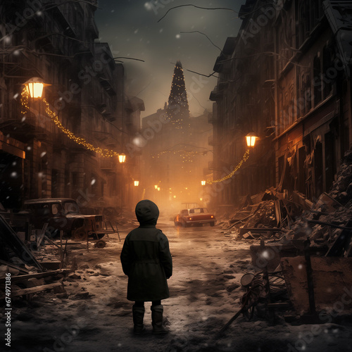 a city destroyed by bombing with decorated Christmas
