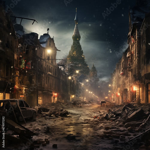 a city destroyed by bombing with decorated Christmas