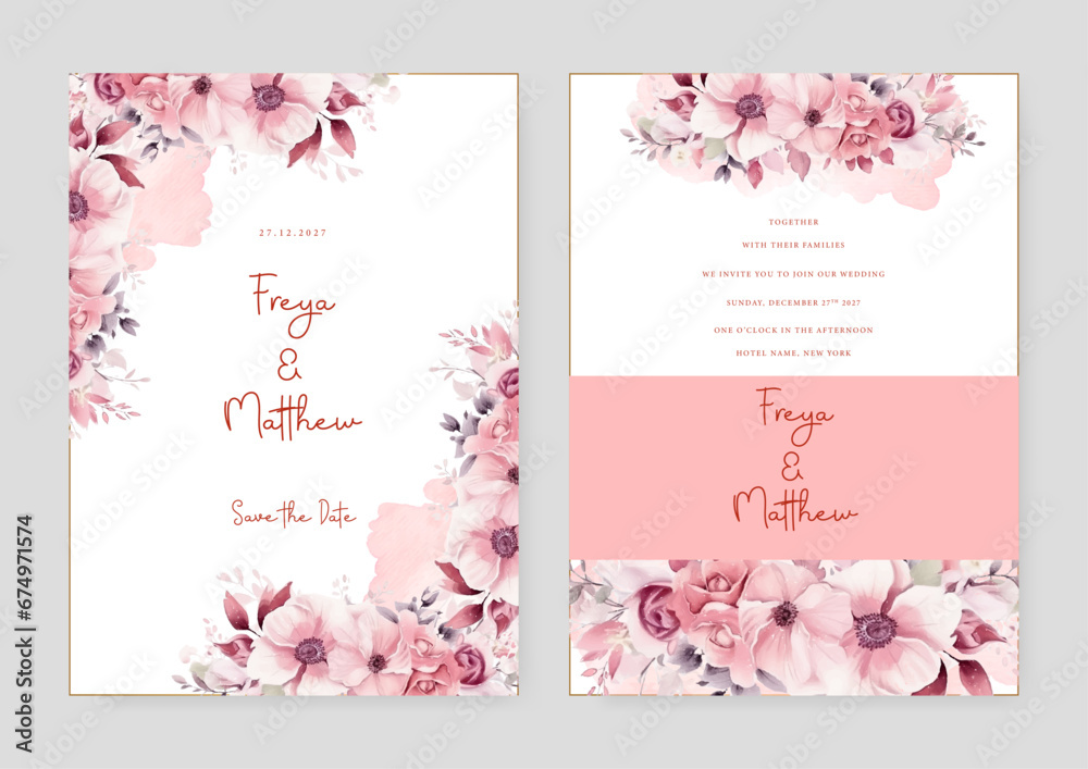 Pink cosmos beautiful wedding invitation card template set with flowers and floral