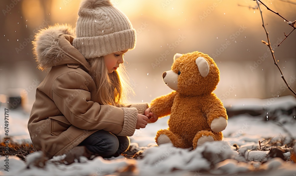 Fototapeta premium Mała dziewczynka bawiąca się z pluszowym misiem na zimowym śniegu. 