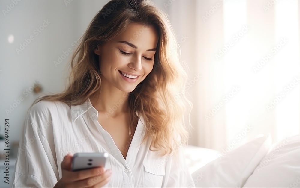 A woman in shirt looking at mobile phone in bright bedroom A woman in shirt looking at mobile phone in bright bedroom