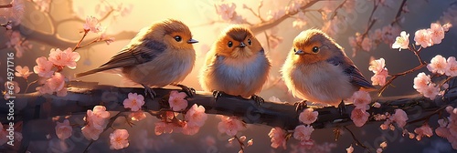 Trzy puszyste ptaszki siedzące na kwitnącej gałęzi.  photo