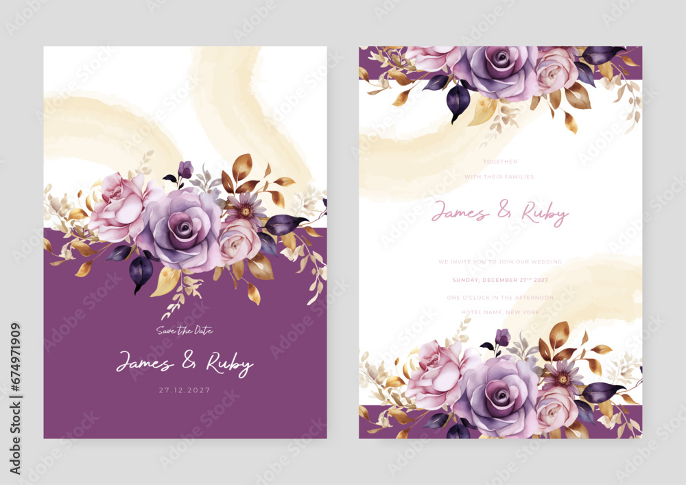 Pink and purple violet rose beautiful wedding invitation card template set with flowers and floral