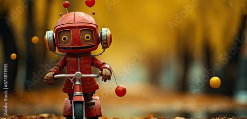 Mały słodki robot jeździ na rowerze po parku. 