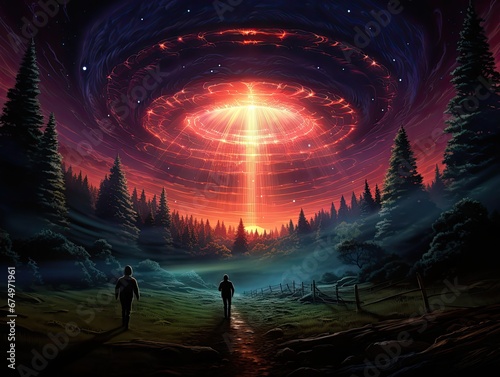 Światło ze statku kosmicznego UFO spadające na człowieka w lesie. 