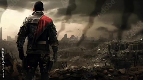 man standing in war-torn battlefield filled with building debris landscape photo