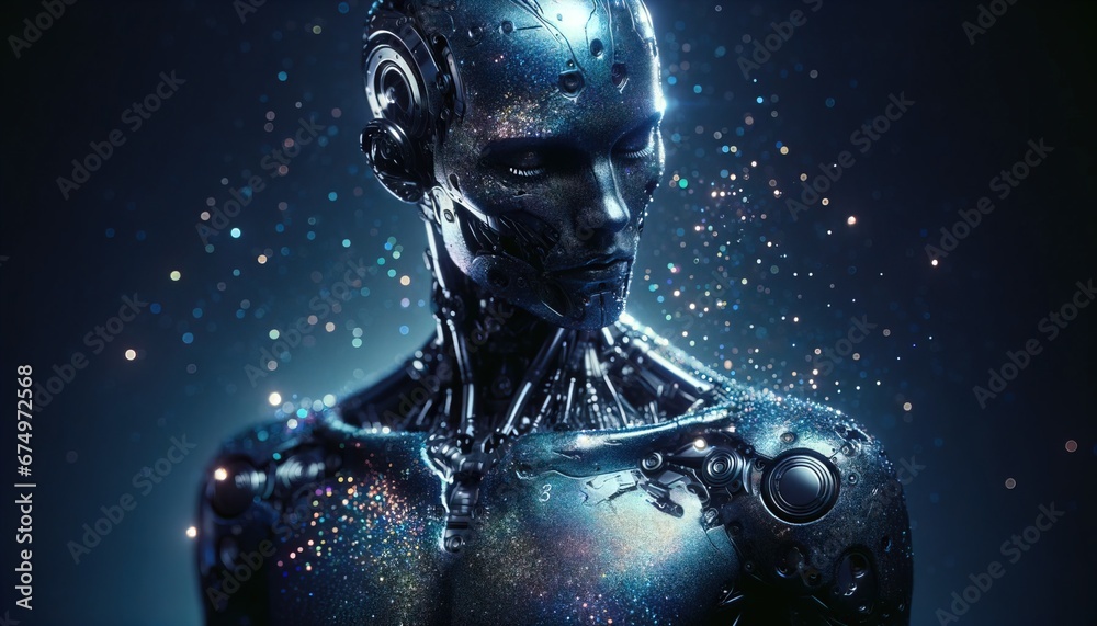 Fototapeta premium Kosmischer Humanuide KI, Maschine Computer Androide Sternenstaub im mechanischen Sinnbild