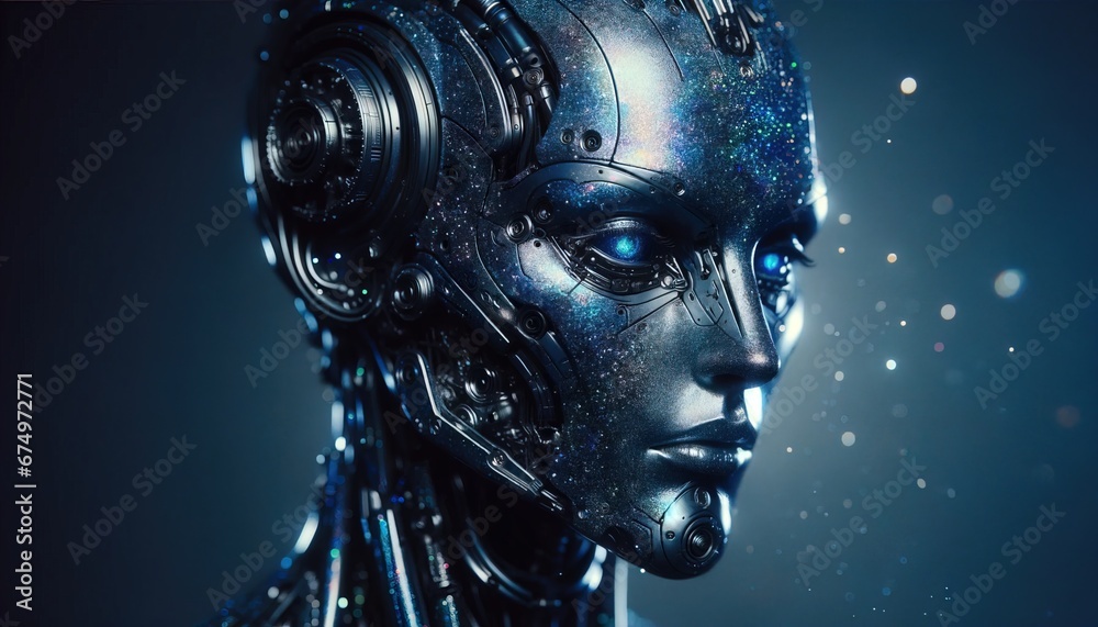 Kosmischer Humanuide KI, Maschine Computer Androide Sternenstaub im mechanischen Sinnbild Kosmischer Humanuide KI, Maschine Computer Androide Sternenstaub im mechanischen Sinnbild