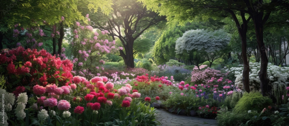 In the colorful garden surrounded by lush green trees and vibrant flowers the blooming pink and red floral display creates a backdrop of natural beauty that perfectly captures the essence o - obrazy, fototapety, plakaty 