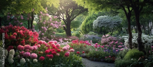 In the colorful garden surrounded by lush green trees and vibrant flowers the blooming pink and red floral display creates a backdrop of natural beauty that perfectly captures the essence o photo
