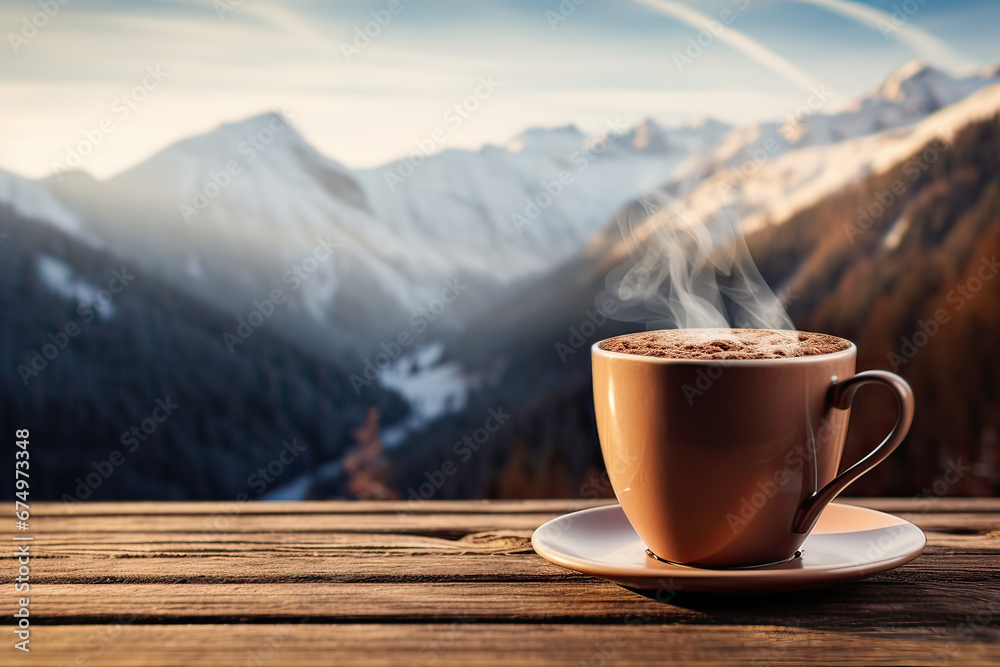 Cup of coffee with steam and foam, on wooden table, mountains background. Generative AI. Cup of coffee with steam and foam, on wooden table, mountains background. Generative AI.