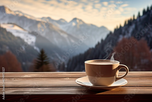Cup of coffee with steam and foam, on wooden table, mountains background. Generative AI.
