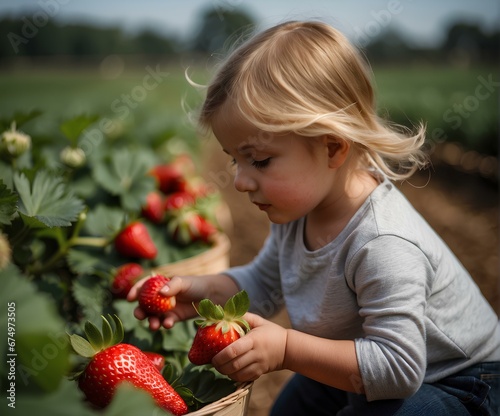 Young girl picking strawberries in a sunny field