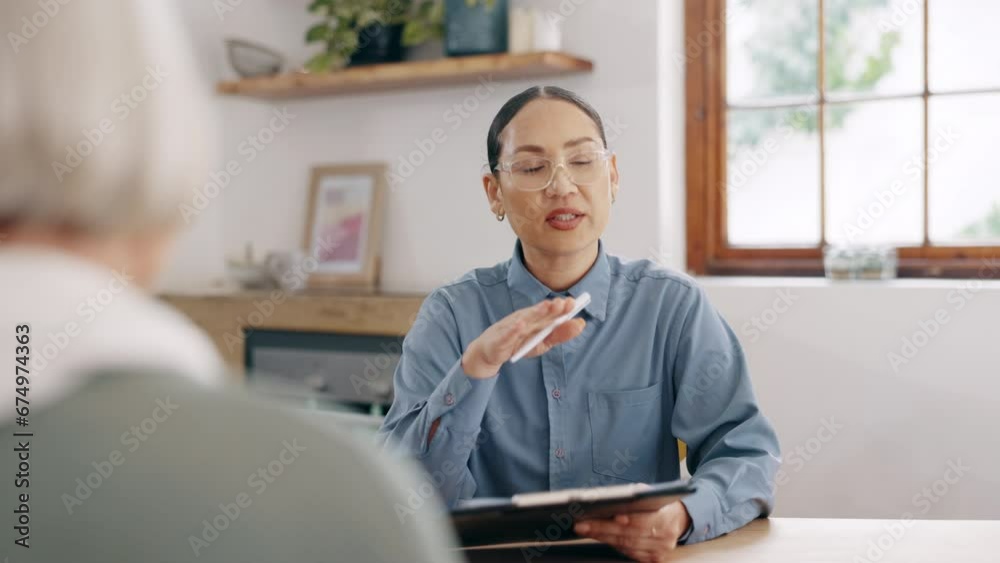 Financial advisor, senior couple and home meeting, checklist documents and asset management advice or questions. Business woman consulting with elderly clients of insurance, policy or retirement plan