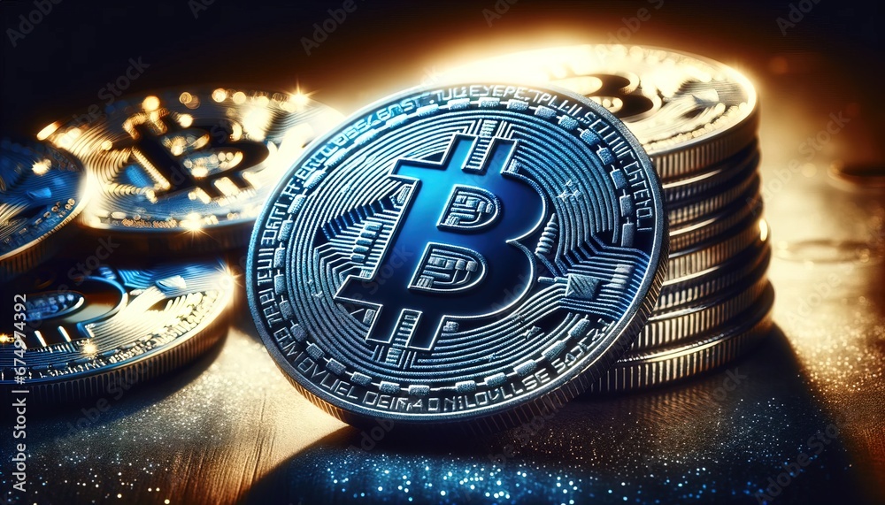 Bitcoin im Glitzernden Fokus, Scheinwerferlicht, Blaue Romantik trifft auf digitale Währung