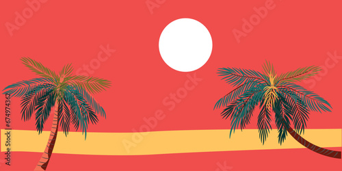 Vector beach sunset and day ocean landscape illustration for banner. Summer sunset background. Colorful tropical landscape with moon, palm trees forest and calm water reflection. Hello august set	
