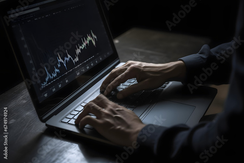 Businessman using laptop analyzing indicators of finance trade with graph showing the ups and downs of the stock market 