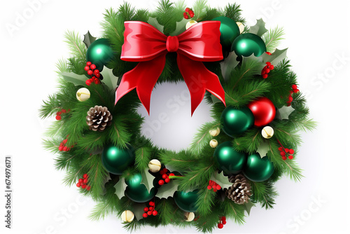 Christmas Wreath Made of Naturalistic Looking Pine Branches Decorated with red bow, baubles.