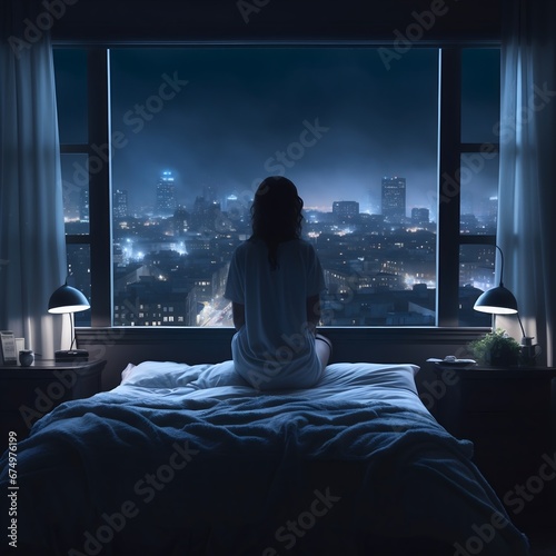 A young woman with insomnia is unable to sleep is sitting up in her bed middle of the night starting out the window at the city lights below -generative AI