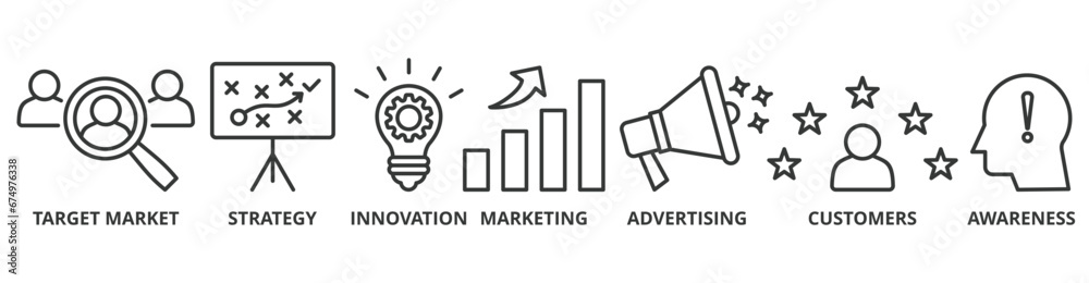 Brand banner web icon vector illustration concept with icon of target market, strategy, innovation, marketing, advertising, customers, and awareness Brand banner web icon vector illustration concept with icon of target market, strategy, innovation, marketing, advertising, customers, and awareness
