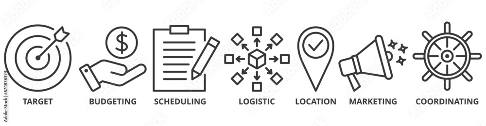 Obraz premium Event management banner web icon vector illustration concept with icon of target, budgeting, scheduling, logistics, location, marketing, and coordination