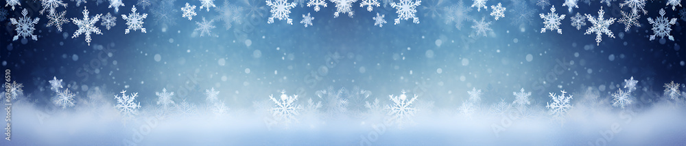 Christmas winter banner with snowflakes, horizontal, copy space - obrazy, fototapety, plakaty 