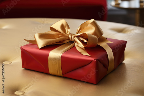 Detailed shot of a neatly wrapped gift with a simple, festive ribbon. © Bela