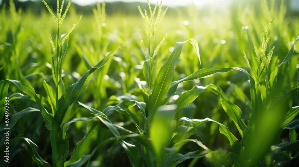Obraz premium A close-up of lush green biofuel crops, such as corn or sugarcane, used for sustainable energy.