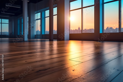 Empty room with view of the city and sunset 