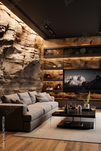 A corner of the living room with beige sofa, wooden flooring and the TV embedded in the rock panel