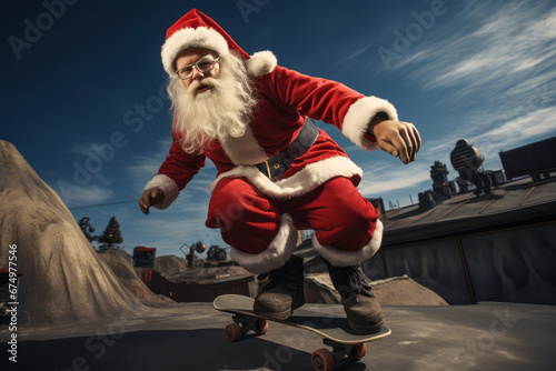 Santa Claus executing impressive skateboard tricks in a skatepark, blending Santa's iconic image with skate culture.