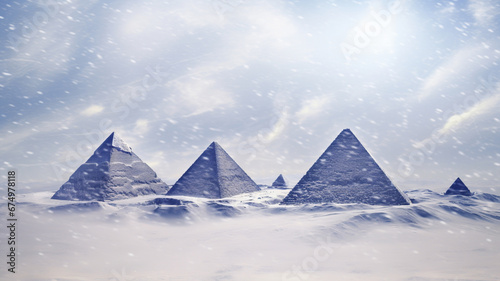 Great Egypt Pyramids of Giza in the snow storm, winter in Sahara desert. Climate change, new ice age, global disaster, changing poles.