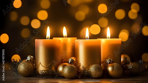 candles in New Year s decor  against a background of bokeh and copy space