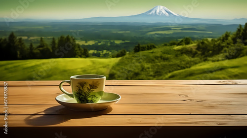 a cup of tea on a wooden table against the backdrop of a mountain landscape with copy space