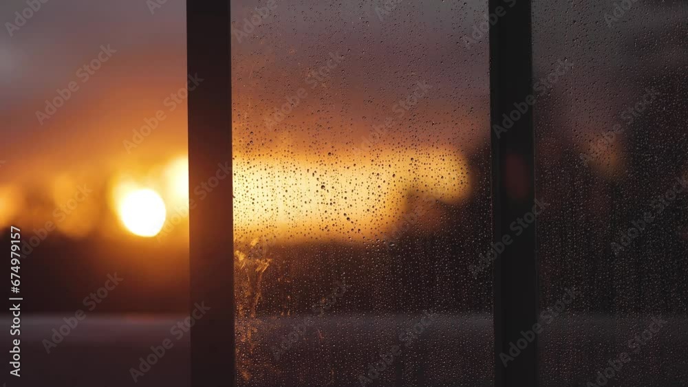 A static shot of the setting sun after the rain and hurricane. Bright sunset rays breaking through windows and doors with raindrops. Colorful sunset and an aesthetic, cinematic view. Rain textures